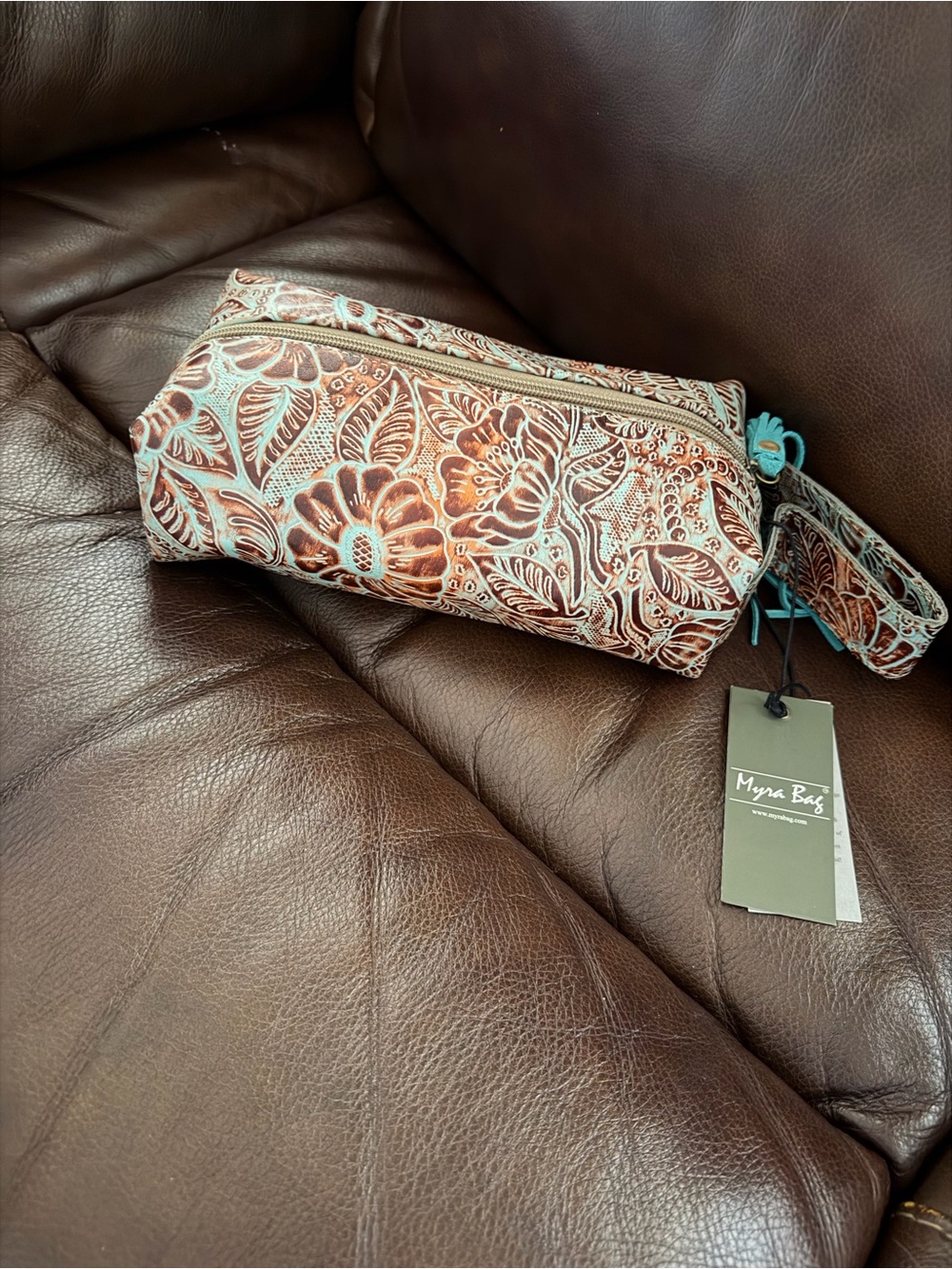 Western Myra Bag Turquoise and Brown Floral Embossed Leather Toiletries Bag